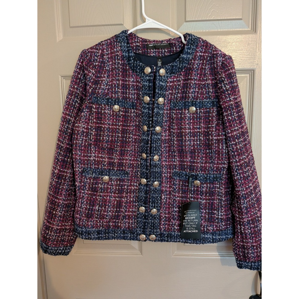WHBM White House Black Market Stylist Jacket Eggplant Navy Plaid Tweed 16 NWT